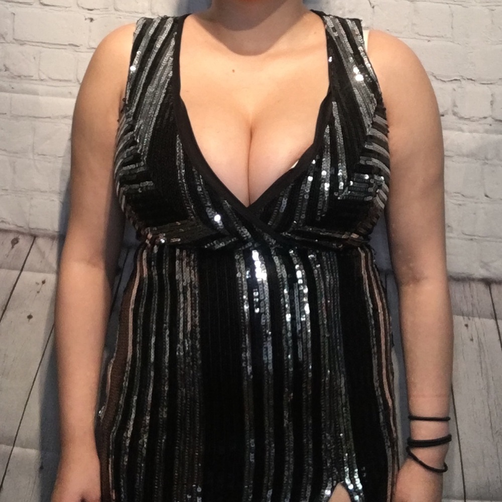 Black and silver striped sequin dress